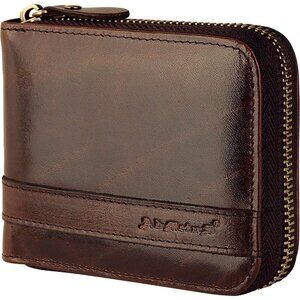 Men's Genuine Leather Brown181 Short Zip Around Pockets Bifold Wallet Card
